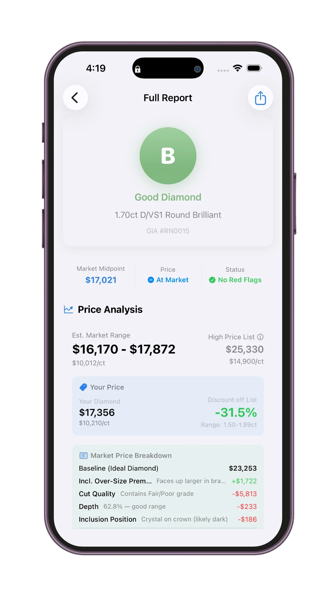 DiamondCheck AI app — full diamond analysis on iPhone
