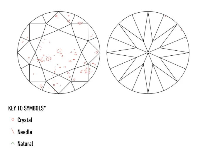 GIA clarity plot example — shows inclusion locations mapped on a diamond diagram